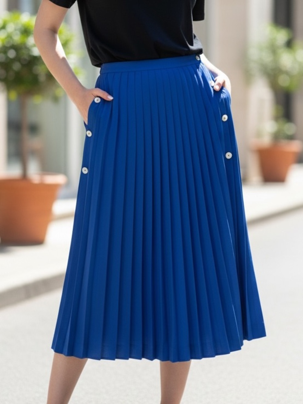 Zara Pleated Midi Skirt with Button-Trim in Cobalt Blue Large